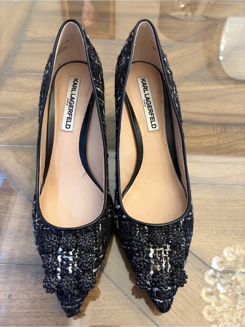 Karl Lagerfeld Black Tweed Pointed Toe Pumps with Beaded Accents